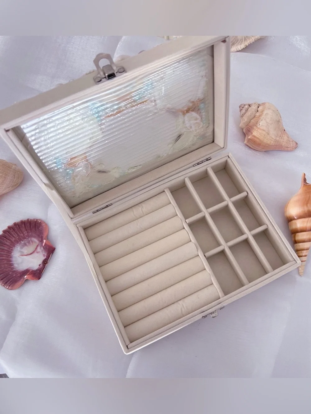 Handcrafted Seashell Jewelry Box in White and Pearl Blue